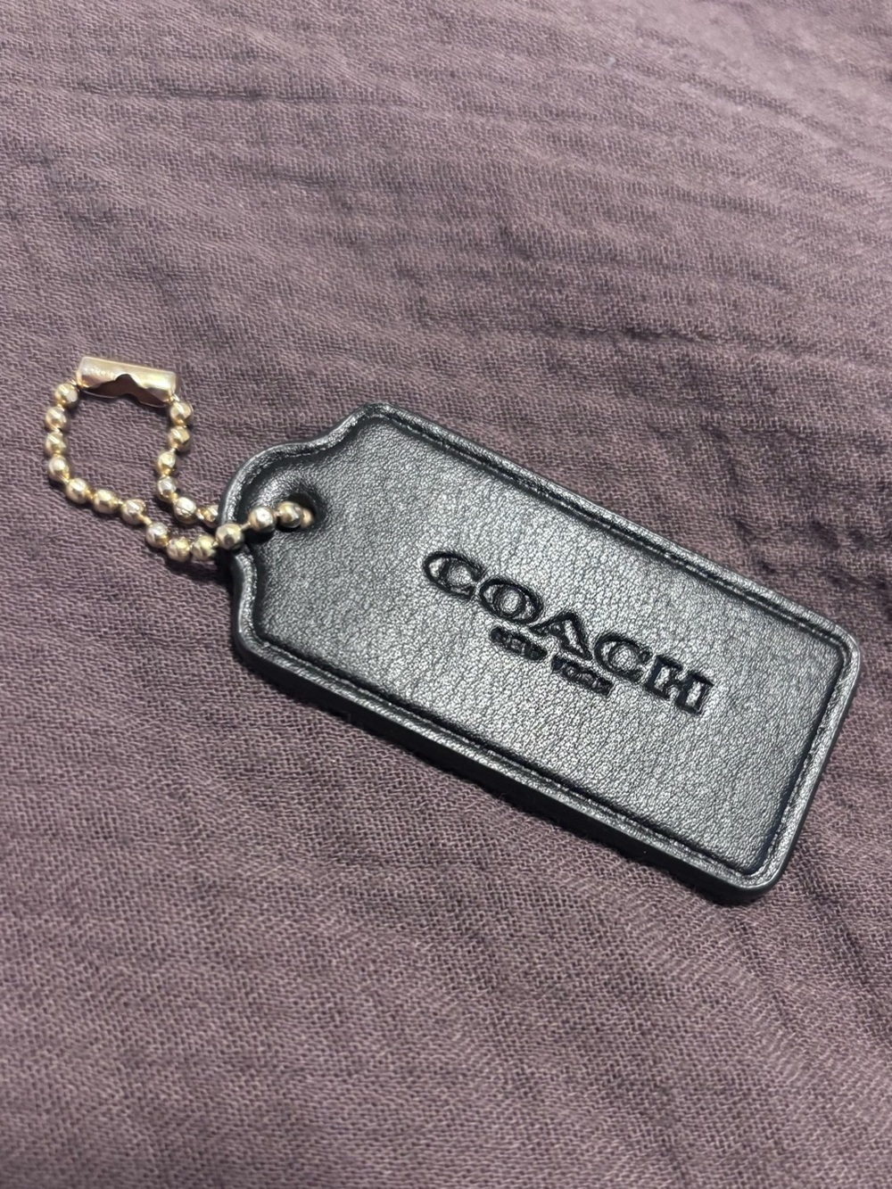 COACH Black Leather Key Tag with Gold-Tone Ball Chain